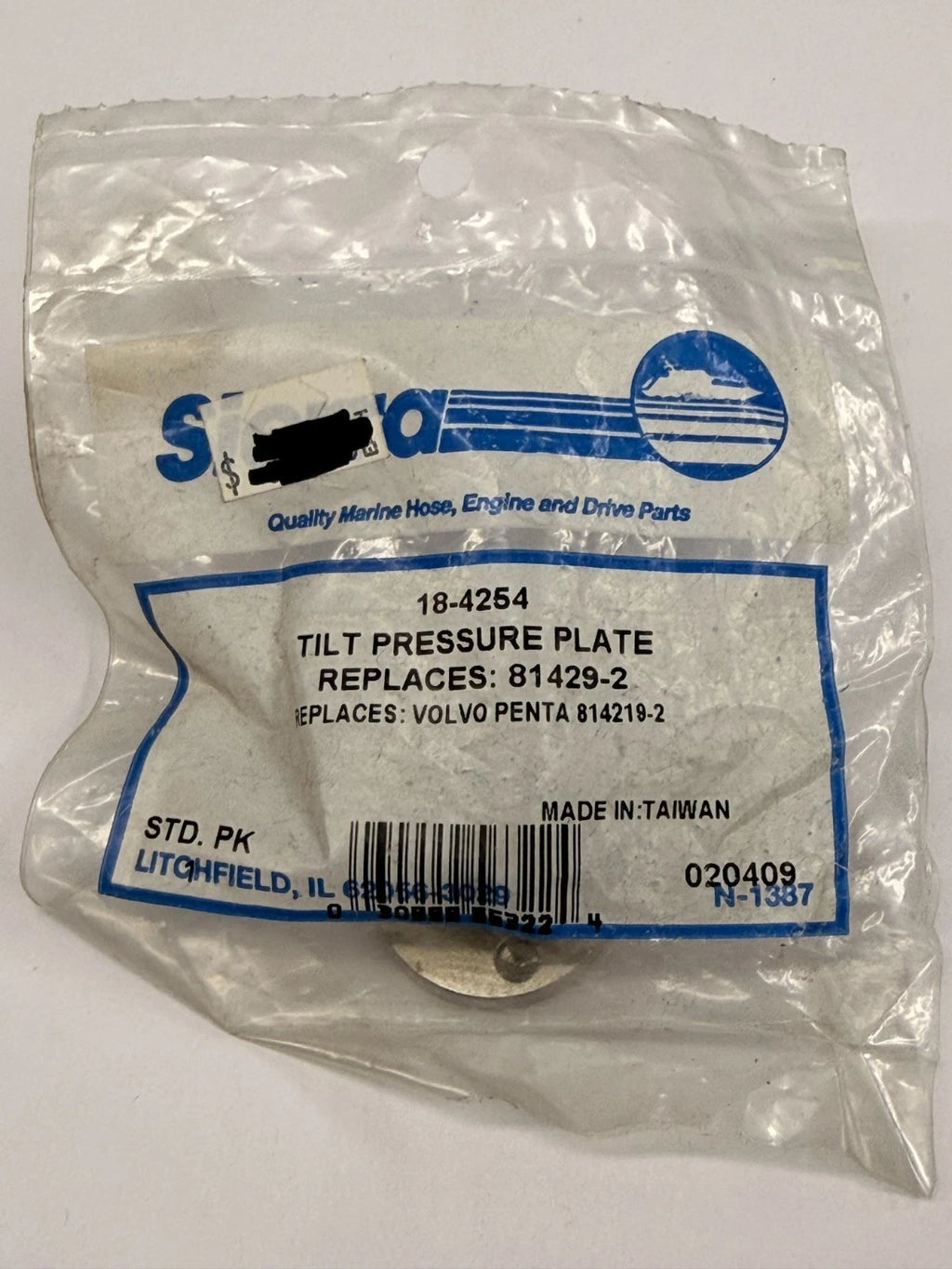 18-4254 SIERRA Tilt Pad Pressure Plate Volvo 814219-2. NEW