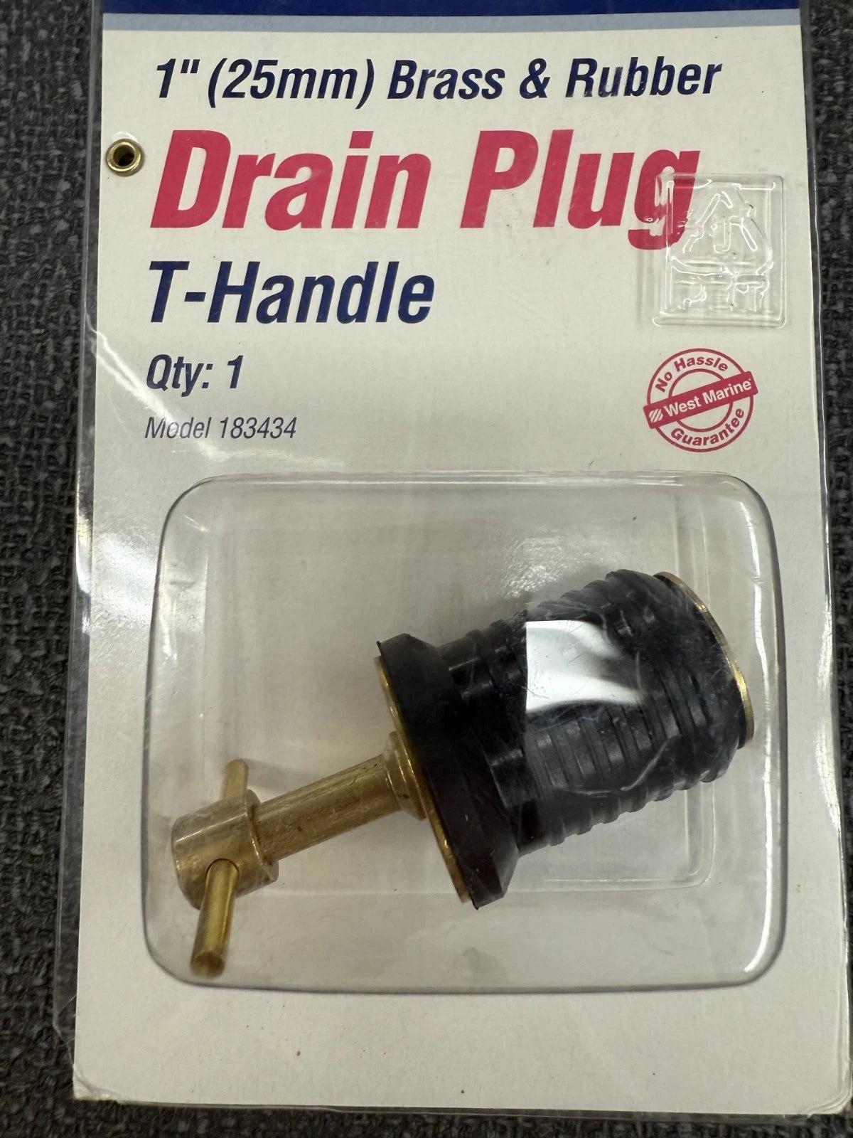1" T-handle Drain plug 25mm brass & rubber 183434